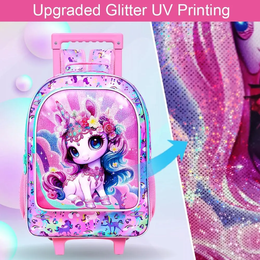 3Pcs Rolling Backpack for Girls, Kids Roller School Backpack with Wheels, Unicorn Wheeled Bookbag for Elementary Preschool Kindergarten(Pink)