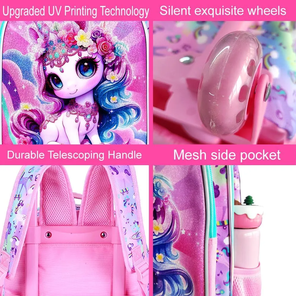 3Pcs Rolling Backpack for Girls, Kids Roller School Backpack with Wheels, Unicorn Wheeled Bookbag for Elementary Preschool Kindergarten(Pink)