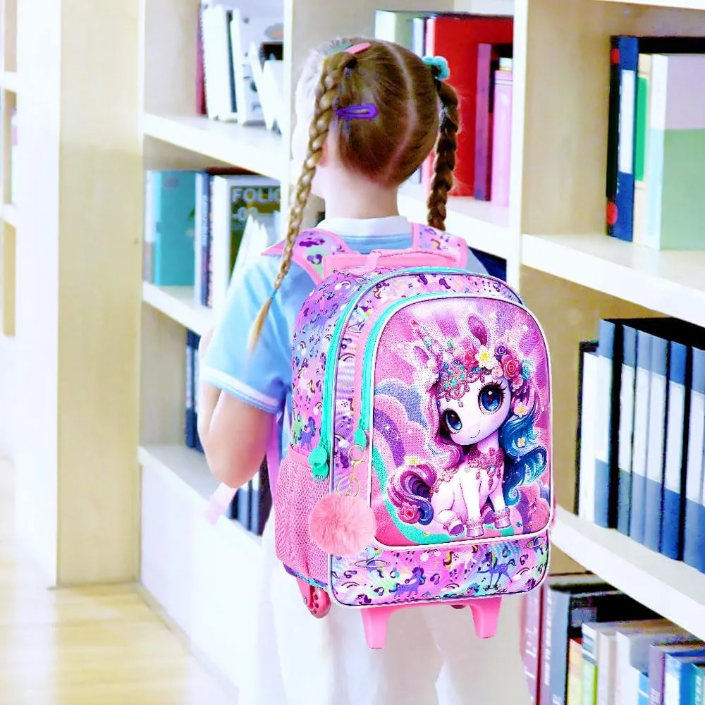 3Pcs Rolling Backpack for Girls, Kids Roller School Backpack with Wheels, Unicorn Wheeled Bookbag for Elementary Preschool Kindergarten(Pink)