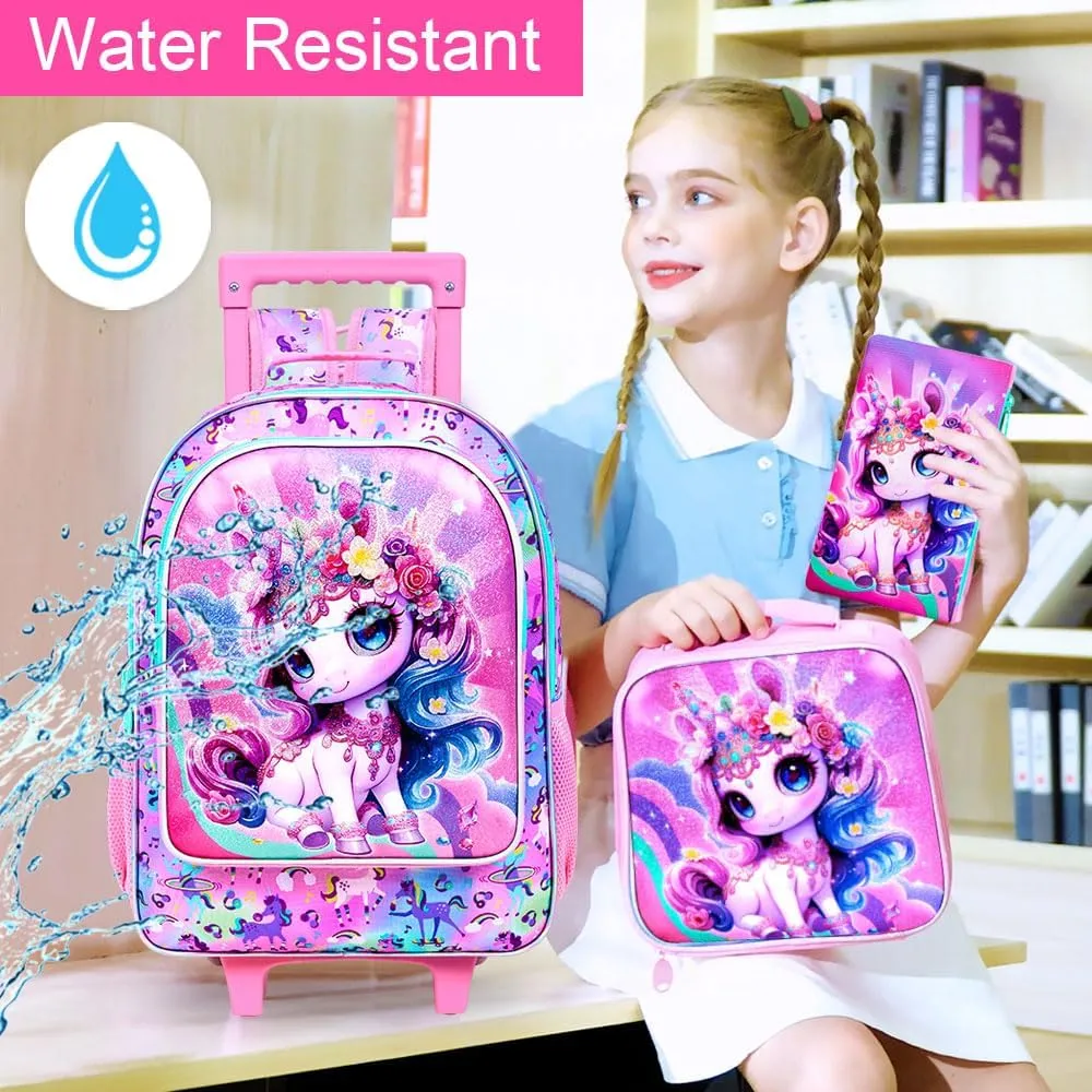 3Pcs Rolling Backpack for Girls, Kids Roller School Backpack with Wheels, Unicorn Wheeled Bookbag for Elementary Preschool Kindergarten(Pink)