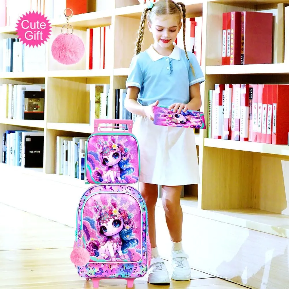 3Pcs Rolling Backpack for Girls, Kids Roller School Backpack with Wheels, Unicorn Wheeled Bookbag for Elementary Preschool Kindergarten(Pink)