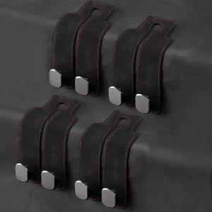 4 Pack Car Seat Back Storage Hooks - Premium Leather Seat Holder for Headrest Purses and Bags (Black)