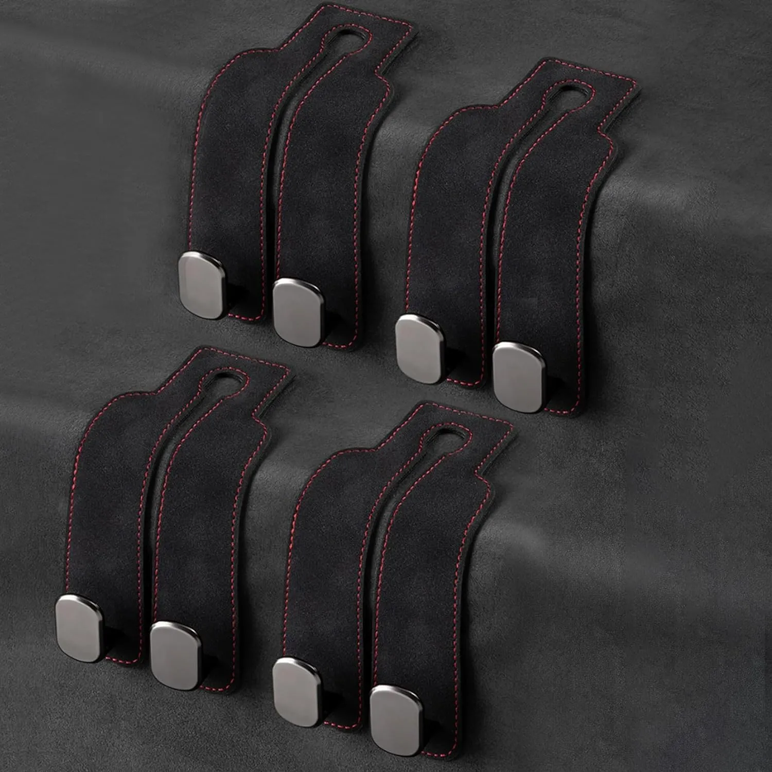 4 Pack Car Seat Back Storage Hooks - Premium Leather Seat Holder for Headrest Purses and Bags (Black)