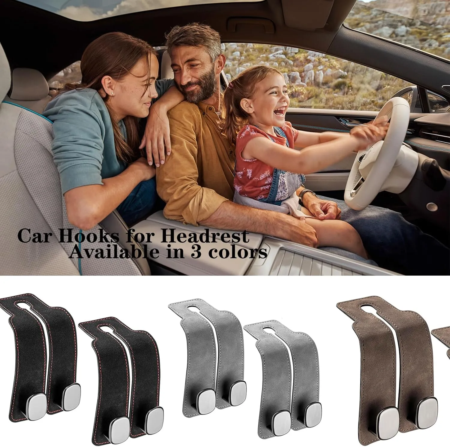 4 Pack Car Seat Back Storage Hooks - Premium Leather Seat Holder for Headrest Purses and Bags (Black)