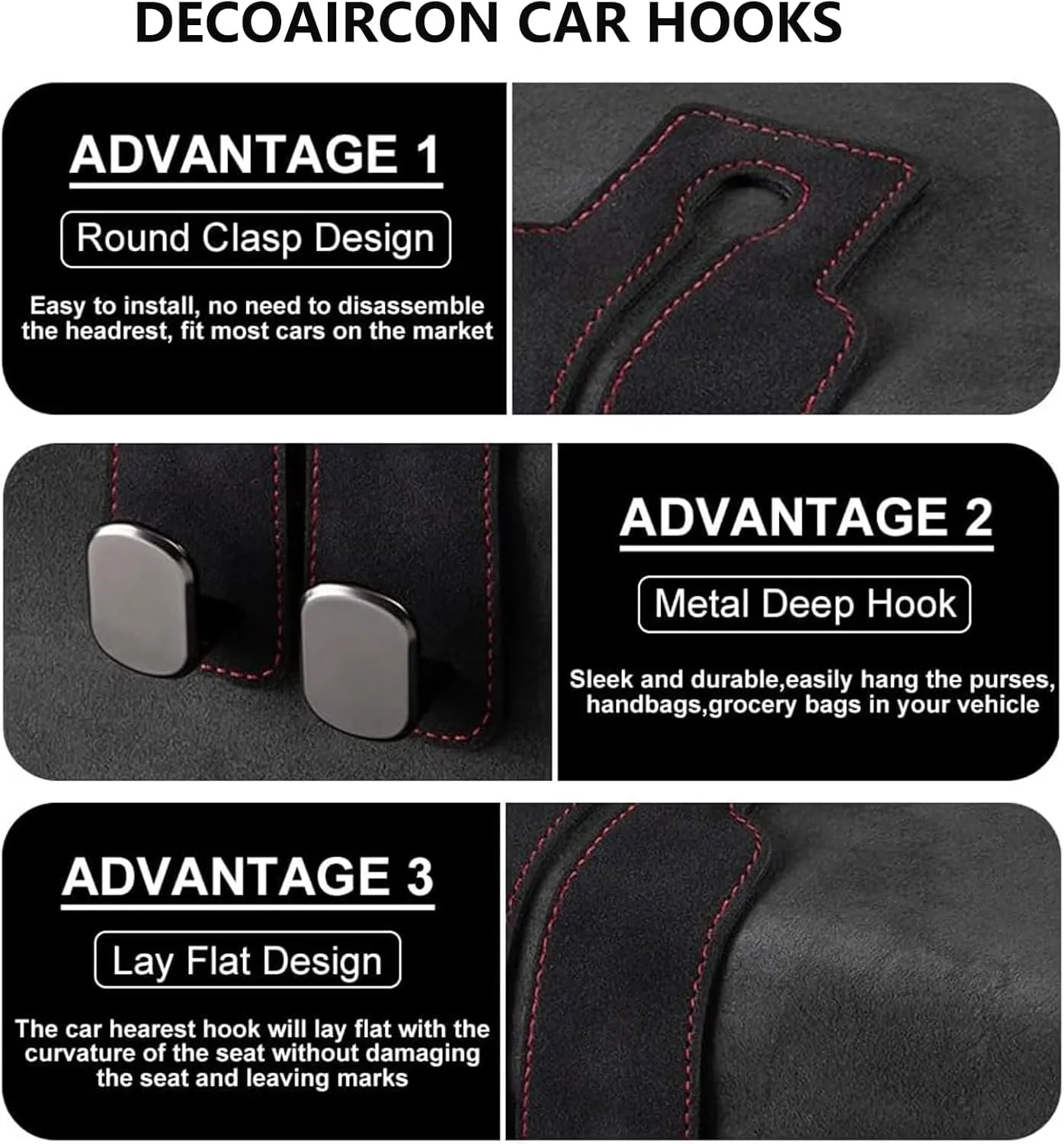 4 Pack Car Seat Back Storage Hooks - Premium Leather Seat Holder for Headrest Purses and Bags (Black)