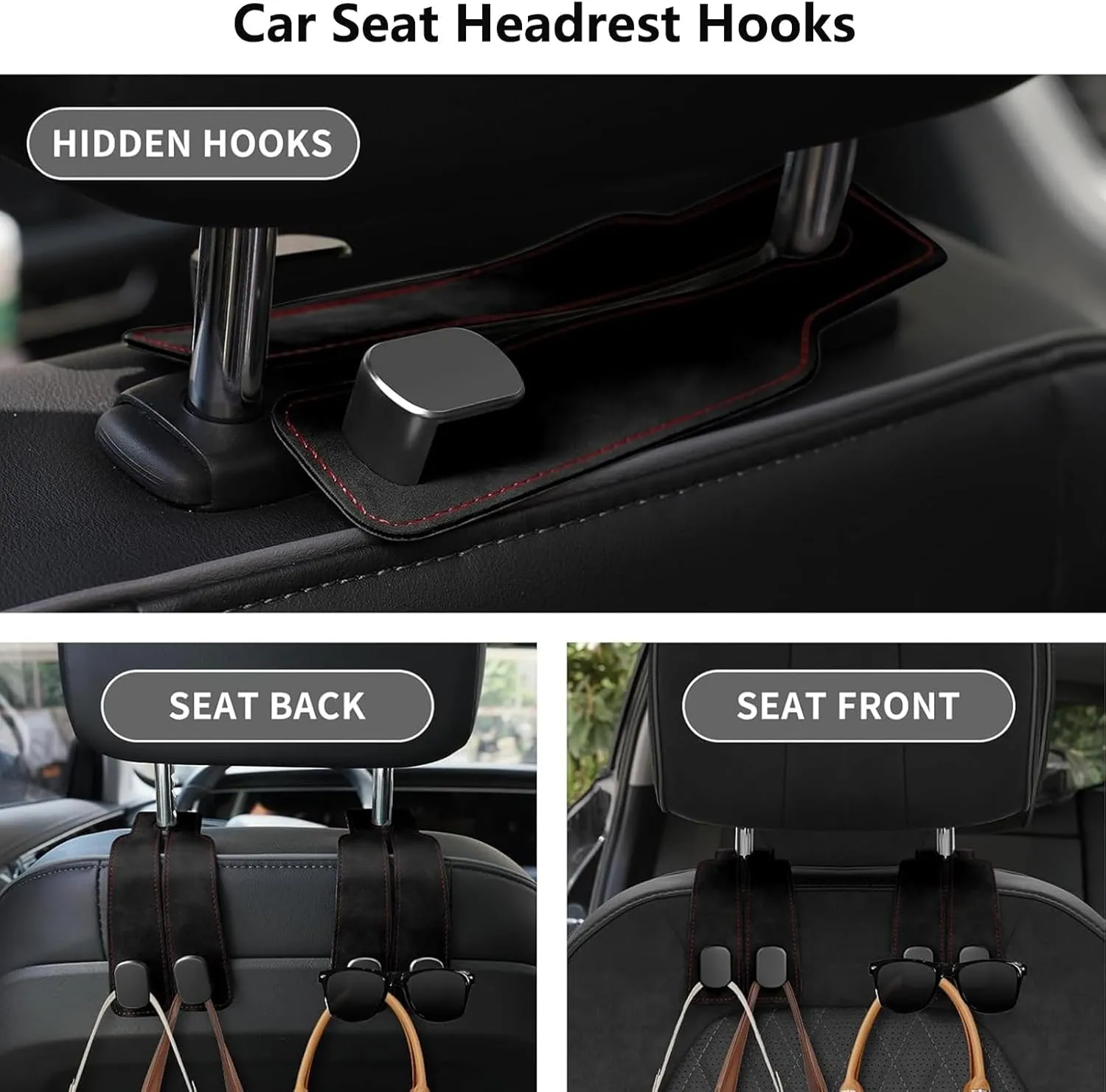 4 Pack Car Seat Back Storage Hooks - Premium Leather Seat Holder for Headrest Purses and Bags (Black)
