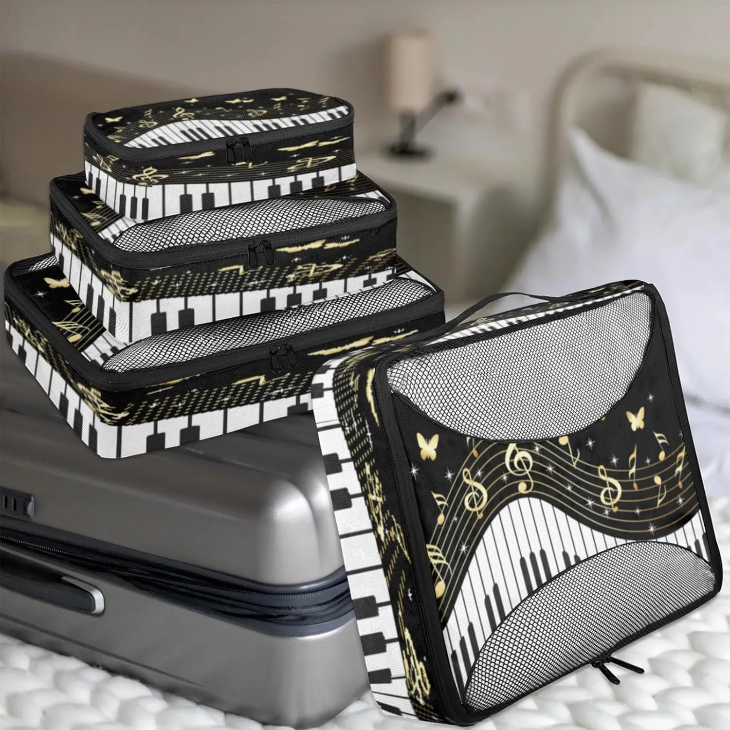 4 Set Packing Cubes for Travel, Piano Keys Packing Cubes for Women, Travel Luggage Packing Organizers, Packing Cube Set,