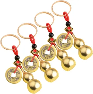 4pcs Brass Gourd Keychain with Wealth Coins Pendant Vintage Hanging Decor for Handbags Style Present for Family and Friends