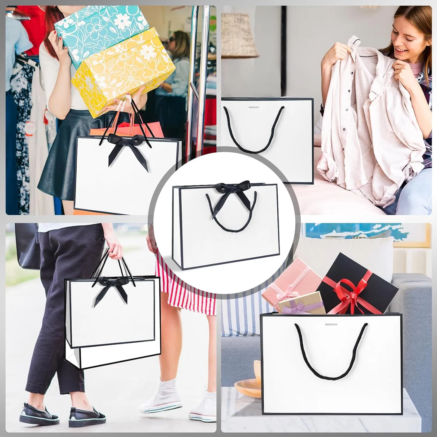 5 | 12 | 25 | 50 Pack Gift Bag with Bow Ribbon Horizontal Paper Gift Bags Bulk for Women Men,with Handles for Birthday Wedding Bridesmaid Party Favor Shopping Retail Gift Sacks (White, 11x4x8 Inch (Pack of 25))