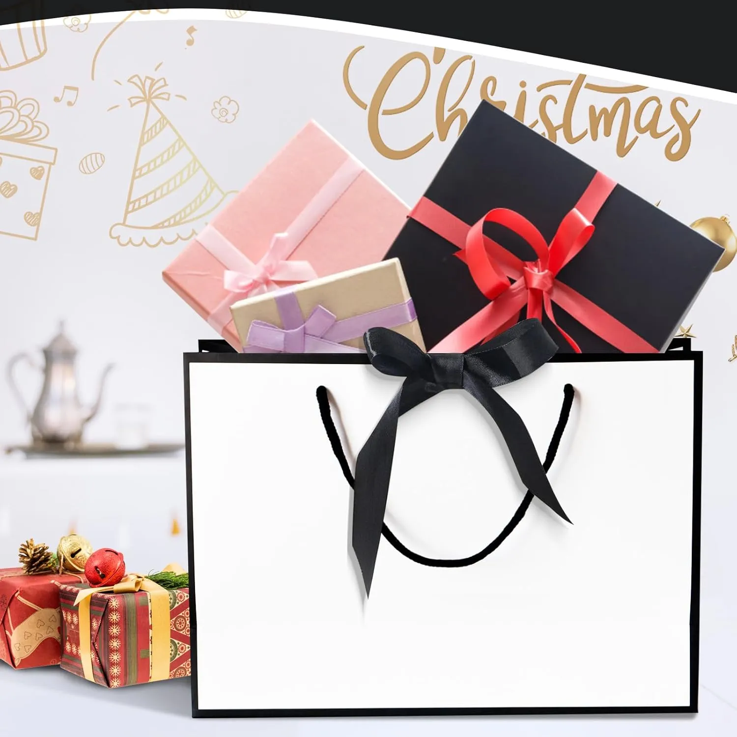 5 | 12 | 25 | 50 Pack Gift Bag with Bow Ribbon Horizontal Paper Gift Bags Bulk for Women Men,with Handles for Birthday Wedding Bridesmaid Party Favor Shopping Retail Gift Sacks (White, 11x4x8 Inch (Pack of 25))