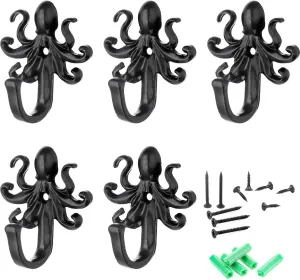 5 Pack Coat Hooks Wall Hooks, Octopus Decorative Wall Mounted Hooks Rustic Metal Hanger for Towel, Key Holder, Hanging Coats, Scarves, Bags, Purses, Backpacks Home Decor (Octopus)