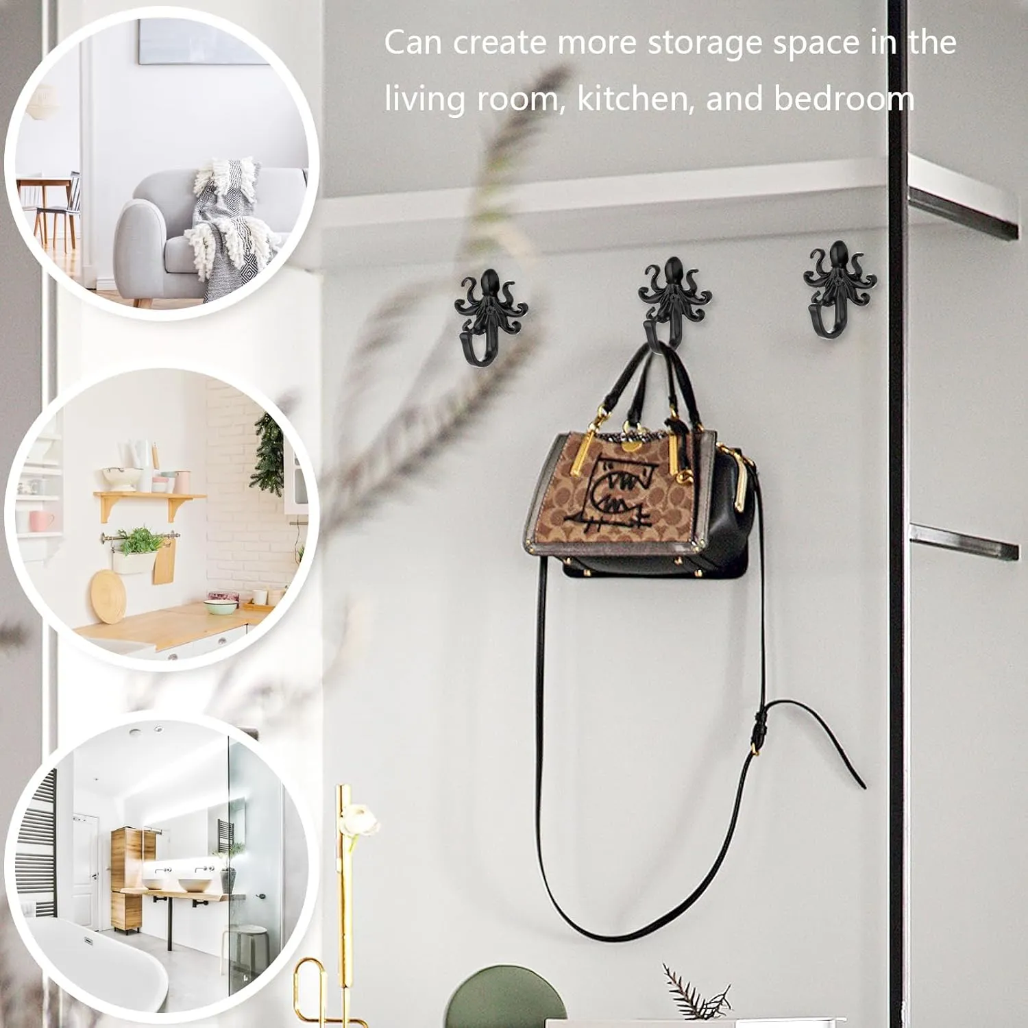 5 Pack Coat Hooks Wall Hooks, Octopus Decorative Wall Mounted Hooks Rustic Metal Hanger for Towel, Key Holder, Hanging Coats, Scarves, Bags, Purses, Backpacks Home Decor (Octopus)