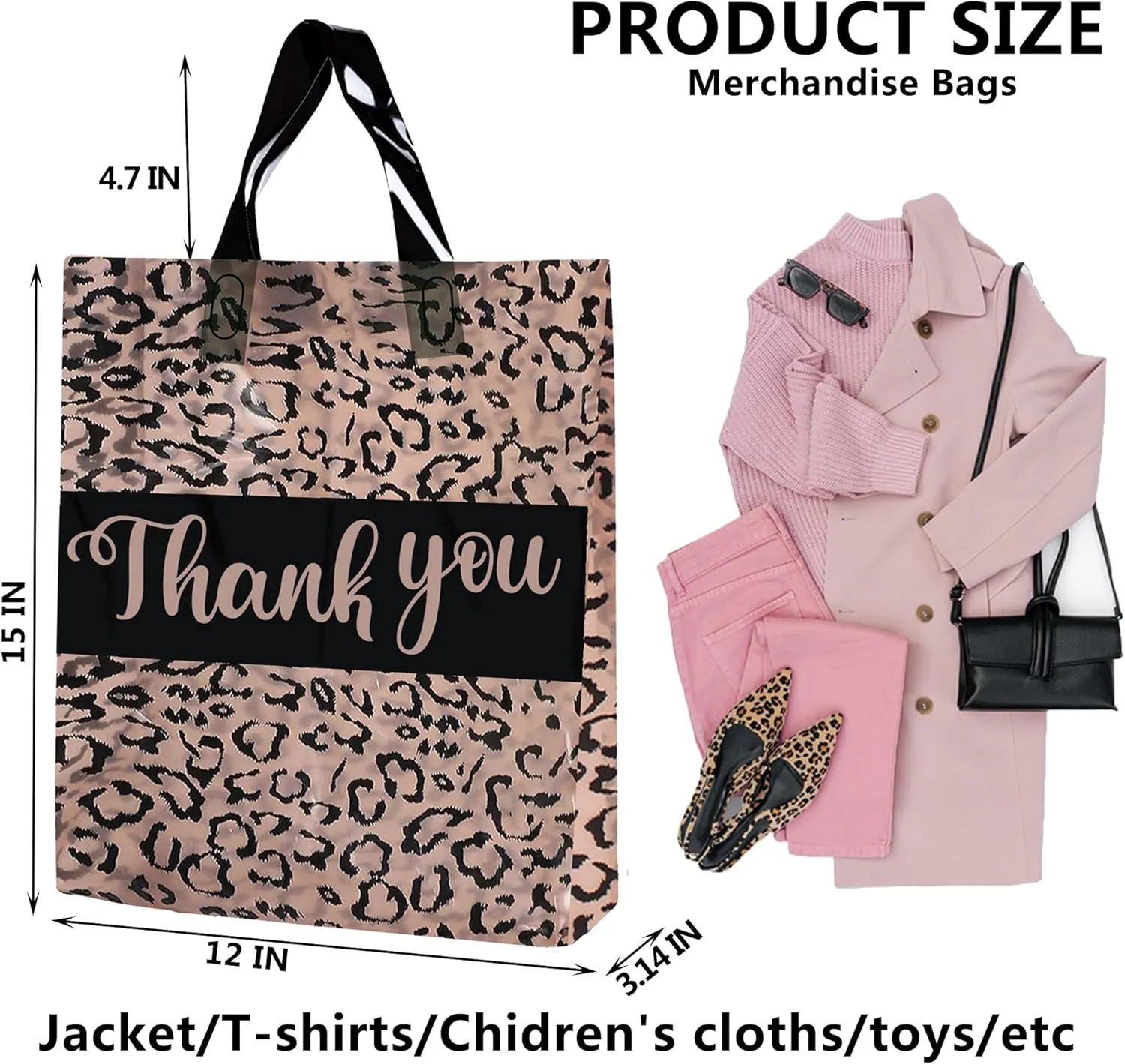 50 PCS Thank You Bags for Small Business 12x15 Inch Leopard Plastic Shopping Bags with Handles
