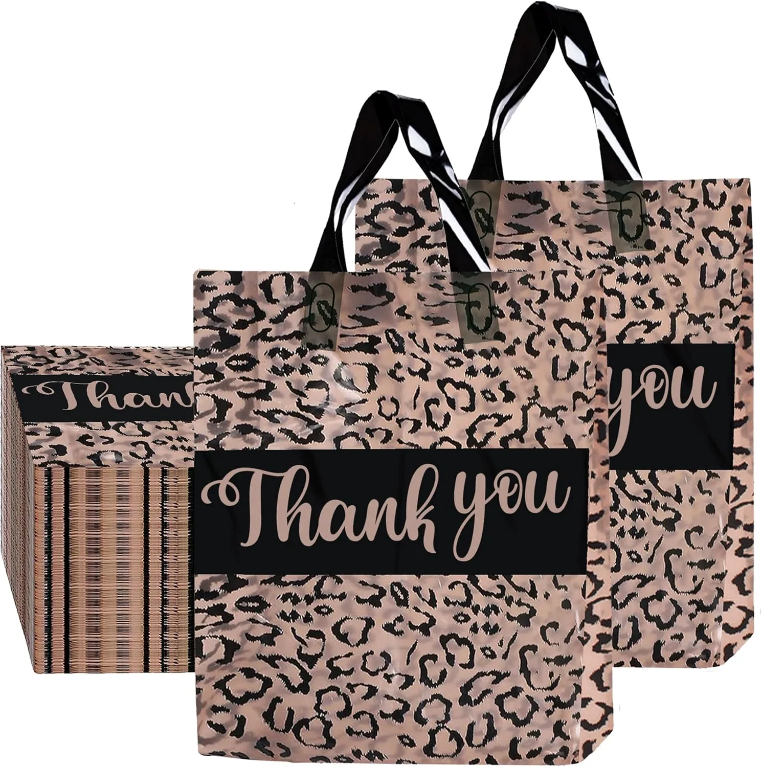50 PCS Thank You Bags for Small Business 12x15 Inch Leopard Plastic Shopping Bags with Handles