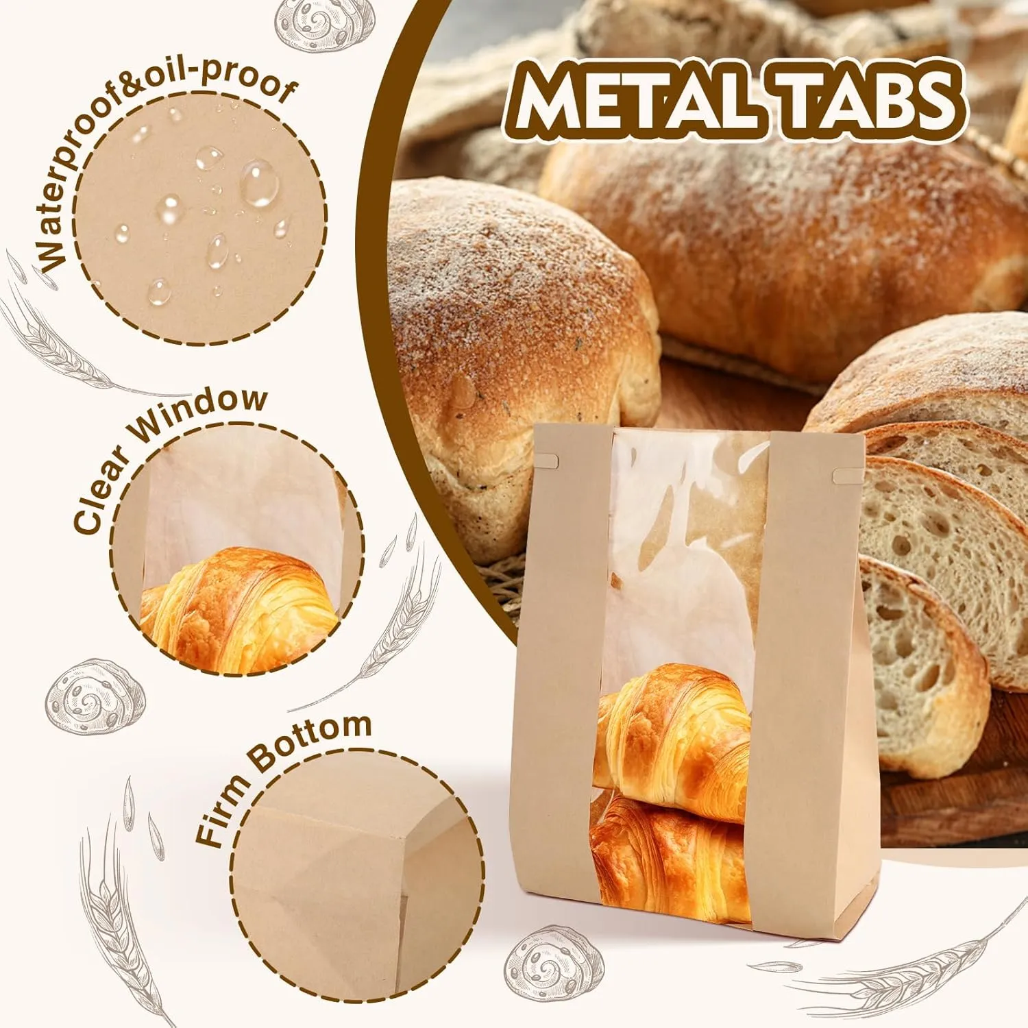 60 Pack Bakery Bags with Window Kraft Paper Bread Loaf Bags with Tin Tie Tab Lock Toast Bags Baked Food Packaging Storage