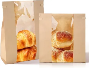 60 Pack Bakery Bags with Window Kraft Paper Bread Loaf Bags with Tin Tie Tab Lock Toast Bags Baked Food Packaging Storage