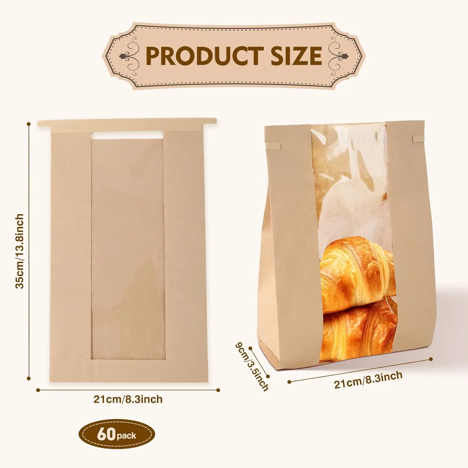 60 Pack Bakery Bags with Window Kraft Paper Bread Loaf Bags with Tin Tie Tab Lock Toast Bags Baked Food Packaging Storage