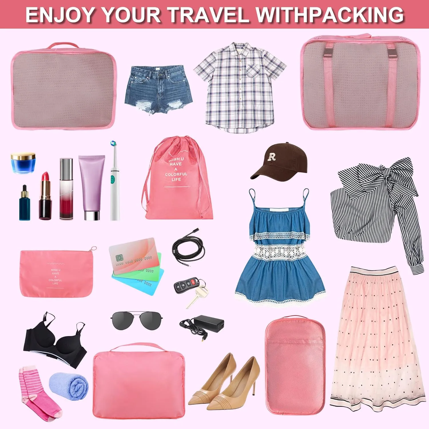 8 Set Packing Cubes for Suitcases, kingdalux Travel Luggage Packing Organizers with Laundry Bag, Compression Storage Shoe Bag, Clothing Underwear Bags, for Women & Man