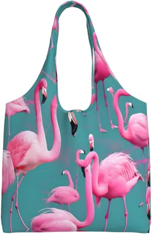 A flock of flamingos large capacity one shoulder reusable shopping cloth bag suitable for vacation, shopping, groceries, gym, Black
