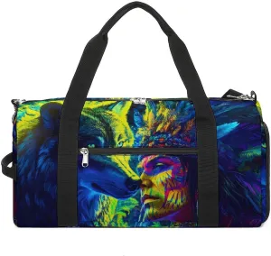 A Wolf And An Native (American-indian) Unisex Gym Bag Waterproof Sports Duffels Travel Gear With Laundry Shoe Compartment