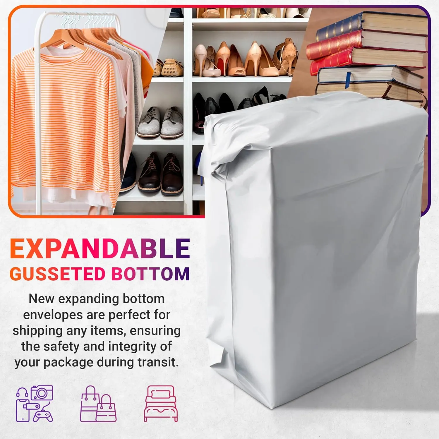 ABC PACK & SUPPLY White Gusseted Poly Mailers, 11 x 13 x 4 Inch. Pack of 100 Expansion Poly Mailers Bags. Shipping Envelopes for Clothing, 2.5 Mil. Plastic Shipping Bags Self Seal. Mailing Packages