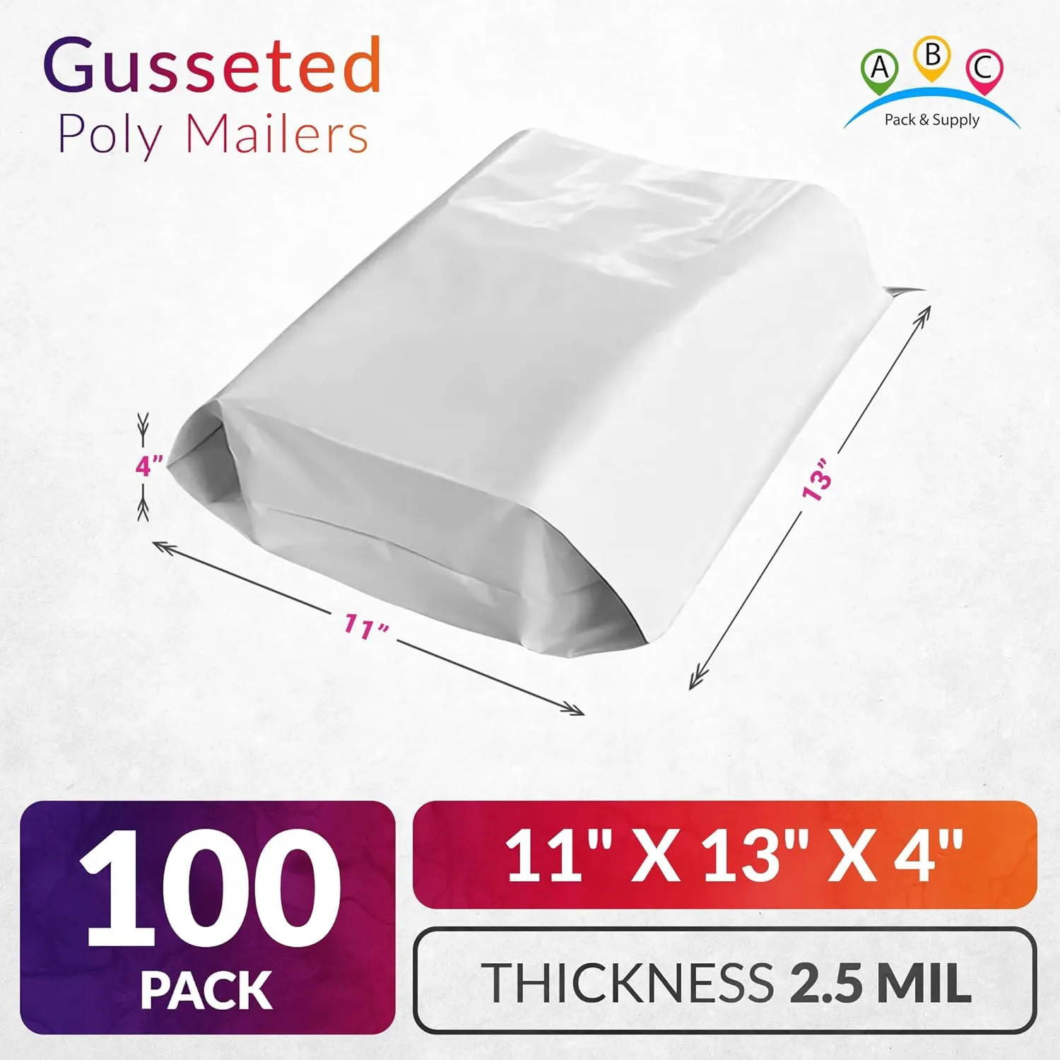 ABC PACK & SUPPLY White Gusseted Poly Mailers, 11 x 13 x 4 Inch. Pack of 100 Expansion Poly Mailers Bags. Shipping Envelopes for Clothing, 2.5 Mil. Plastic Shipping Bags Self Seal. Mailing Packages