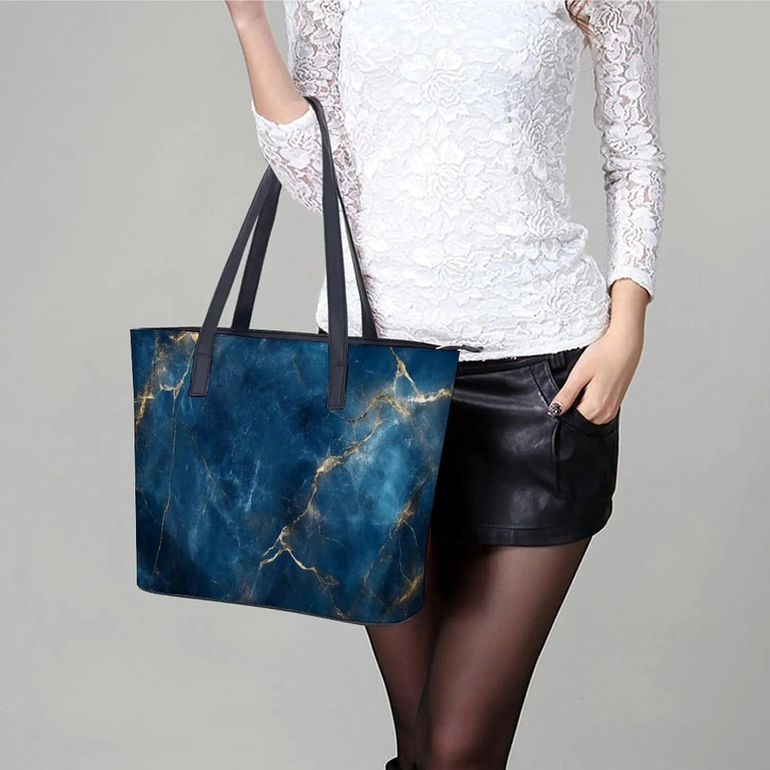Abstract Brown Black Marble Texture Women Soft Leather Handbags Tote Purses Shoulder Bucket Bags