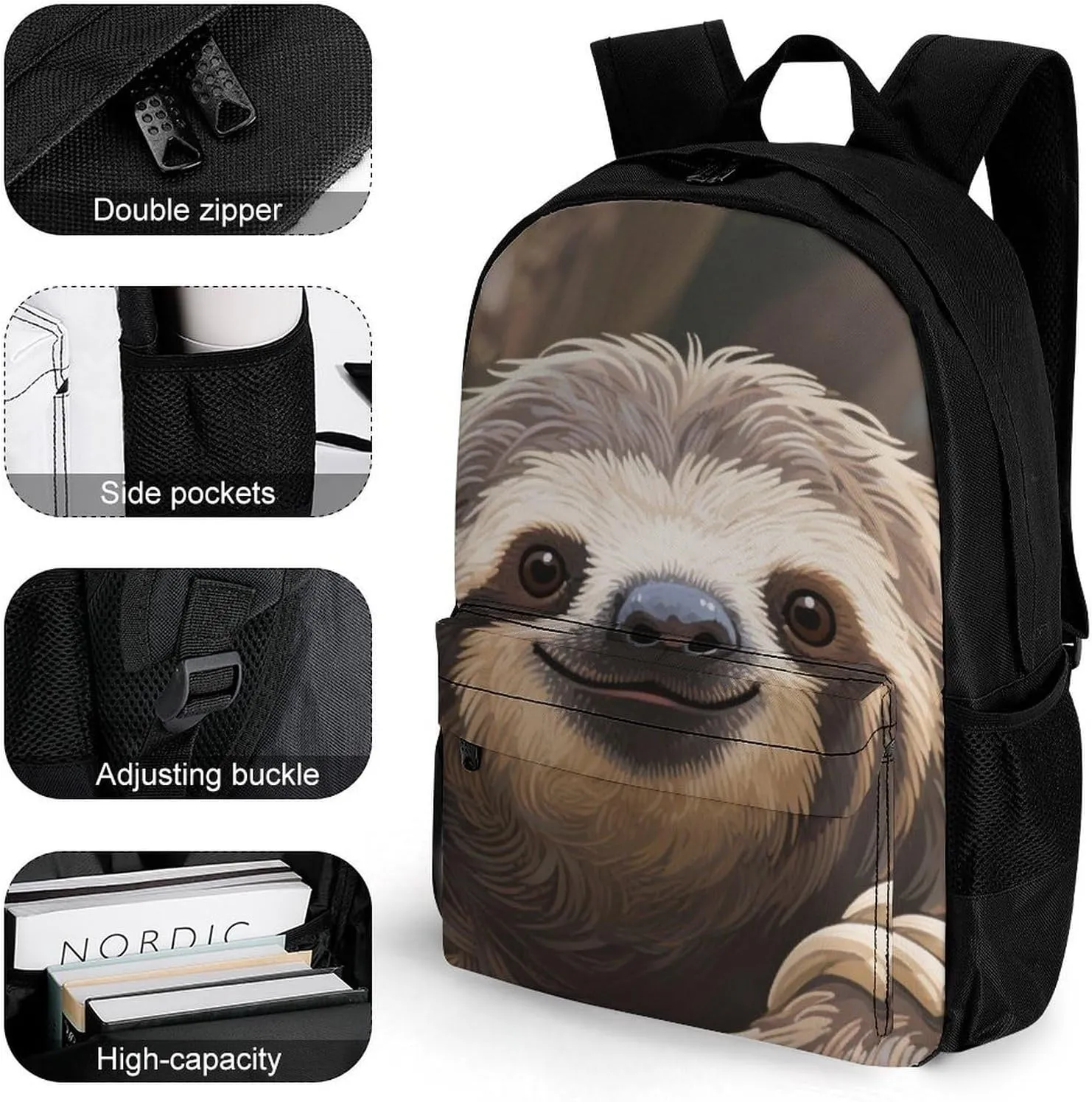 Adults Lightweight Animals Sloth Art Rucksacks Large Capacity Bookbag With Adjustable Shoulder Straps for Trekking Outdoors Bicycle