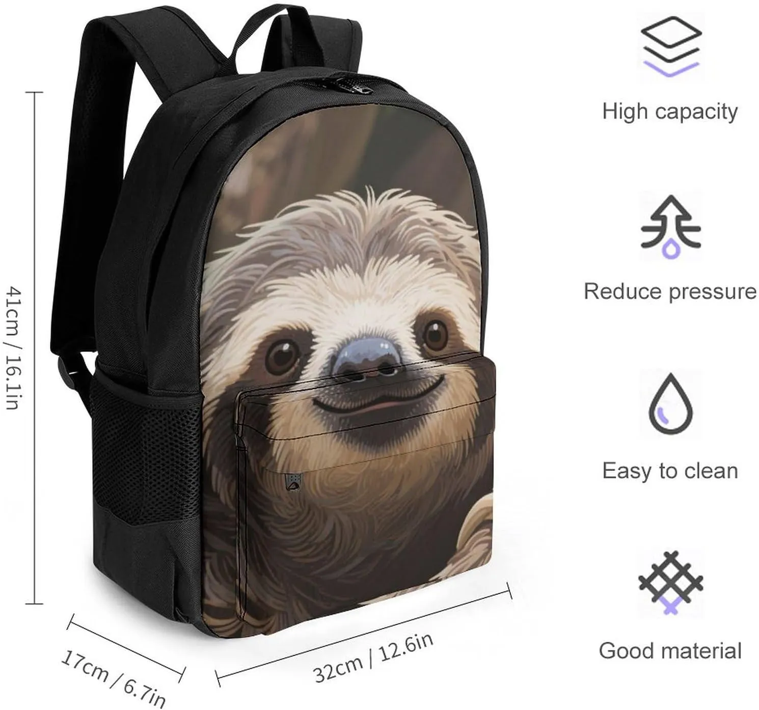 Adults Lightweight Animals Sloth Art Rucksacks Large Capacity Bookbag With Adjustable Shoulder Straps for Trekking Outdoors Bicycle