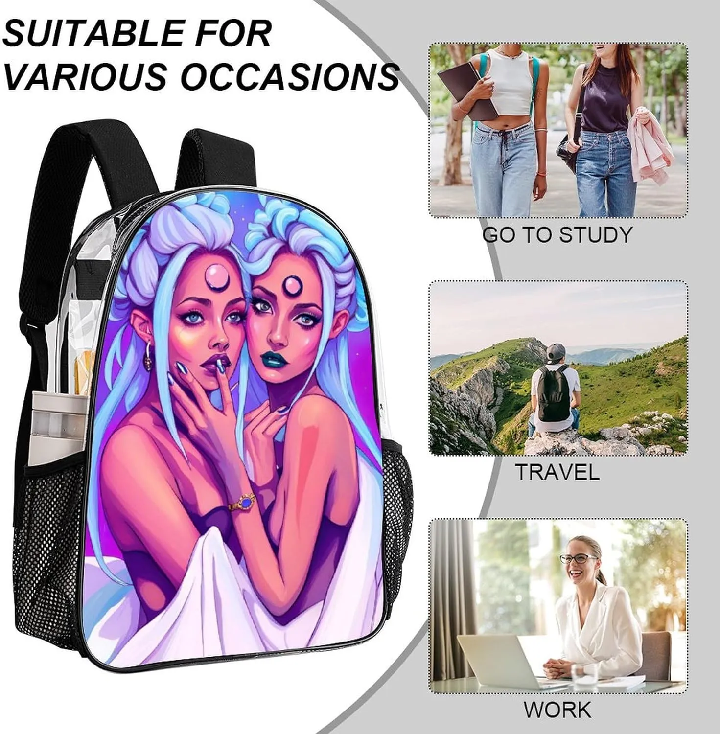 Adults Lightweight Lesbian Moon Goddess Pride Gay Lgbt Women Art Rucksacks Large Capacity Bookbag Transparent Bag for Trekking Outdoors Bicycle
