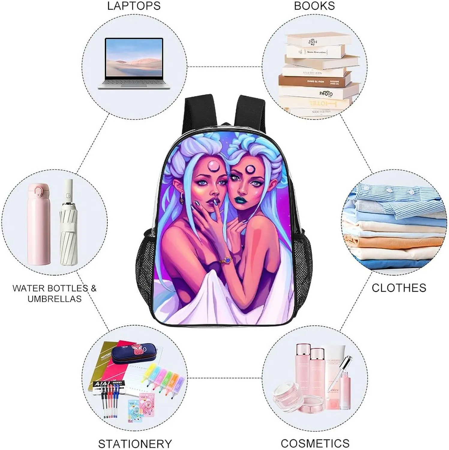 Adults Lightweight Lesbian Moon Goddess Pride Gay Lgbt Women Art Rucksacks Large Capacity Bookbag Transparent Bag for Trekking Outdoors Bicycle