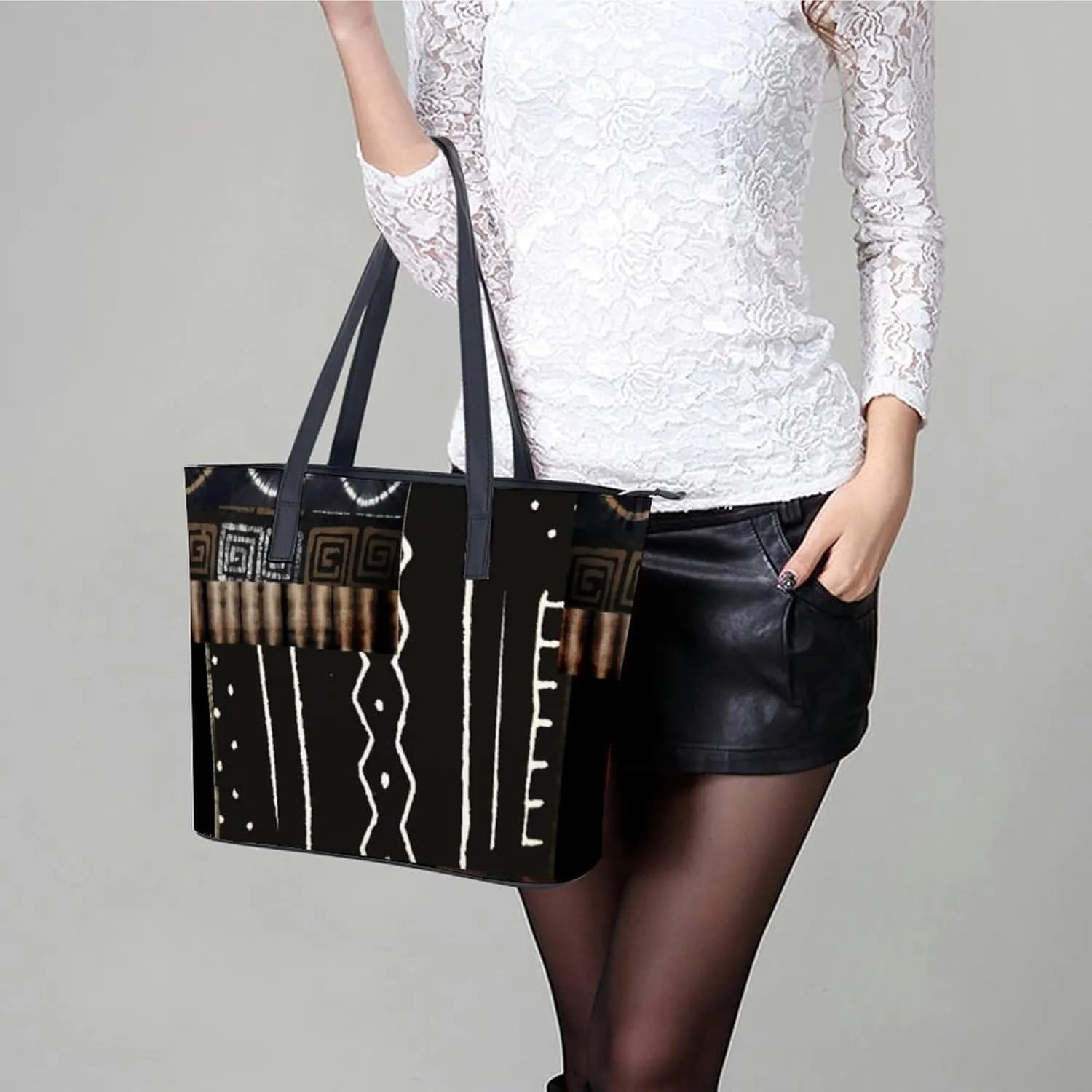 Afrocentric Mud Cloth Print A Leather Handbag with Large Capacity And Portability