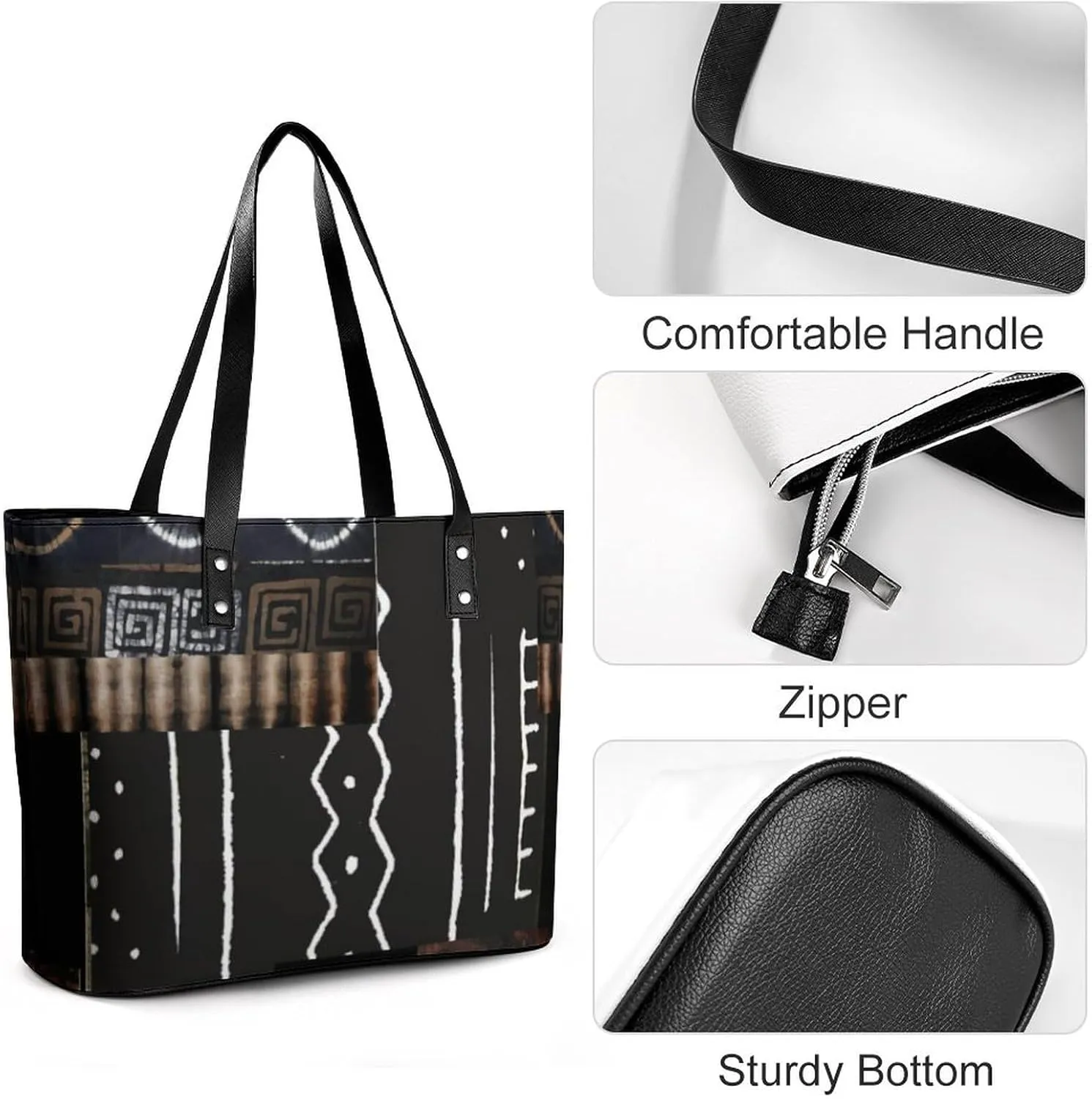 Afrocentric Mud Cloth Print A Leather Handbag with Large Capacity And Portability