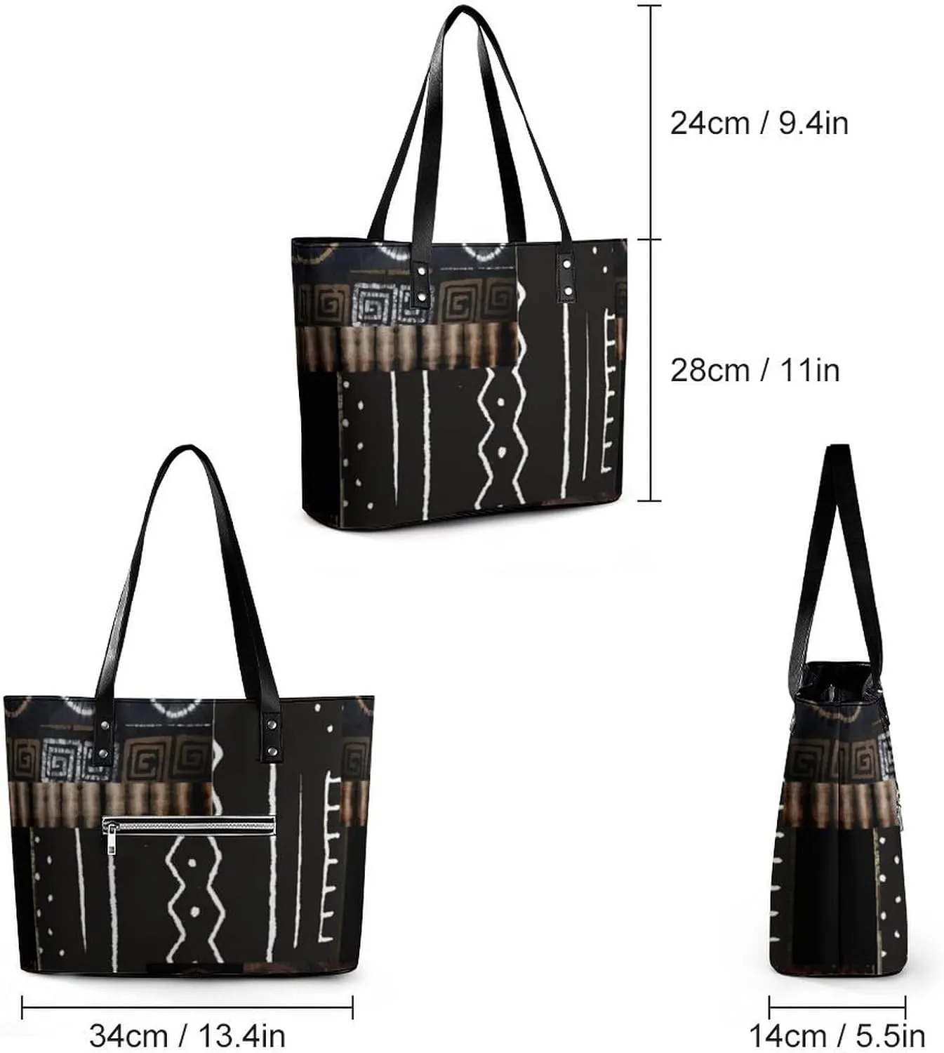 Afrocentric Mud Cloth Print A Leather Handbag with Large Capacity And Portability
