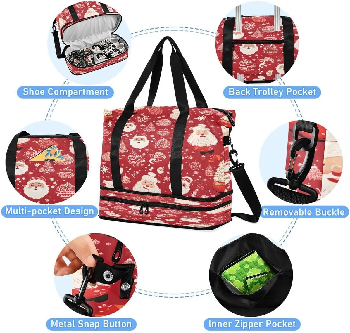 ALAZA Merry Christmas Santa Claus Ball Pine Tree Red Travel Duffel Bag with Shoe Compartment Tote Bag Weekender Overnight Bag with Wet Pocket for Travel,Gym,Yoga,Swimming