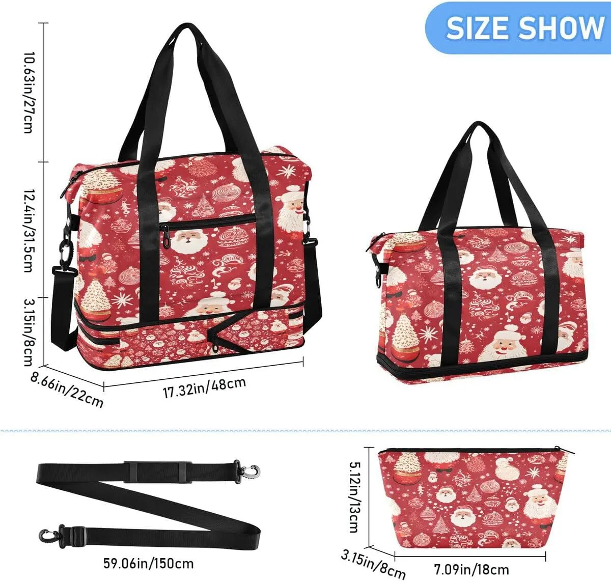 ALAZA Merry Christmas Santa Claus Ball Pine Tree Red Travel Duffel Bag with Shoe Compartment Tote Bag Weekender Overnight Bag with Wet Pocket for Travel,Gym,Yoga,Swimming