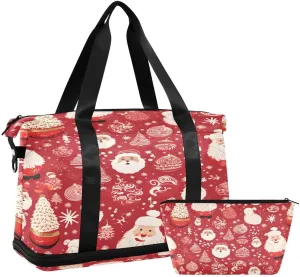 ALAZA Merry Christmas Santa Claus Ball Pine Tree Red Travel Duffel Bag with Shoe Compartment Tote Bag Weekender Overnight Bag with Wet Pocket for Travel,Gym,Yoga,Swimming