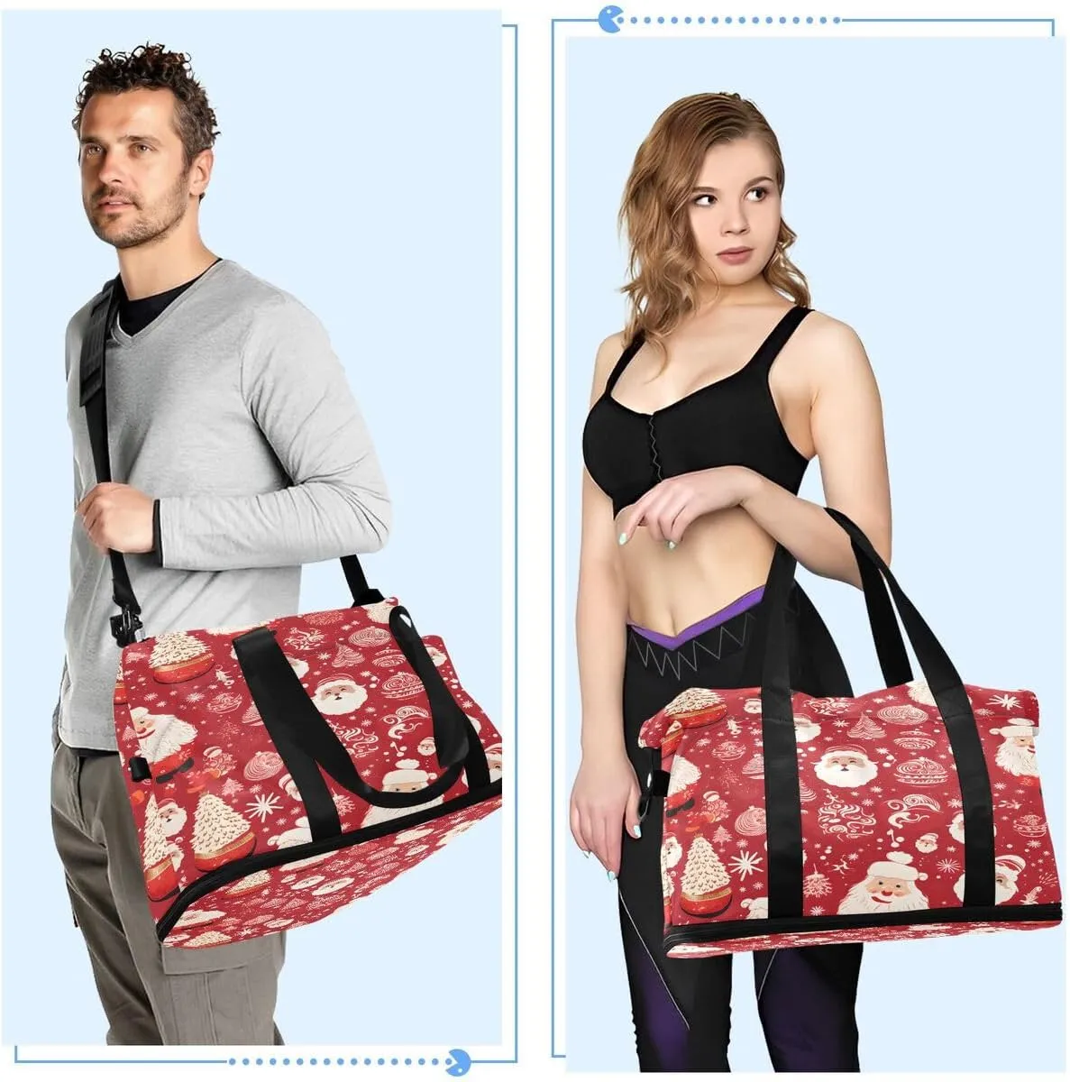 ALAZA Merry Christmas Santa Claus Ball Pine Tree Red Travel Duffel Bag with Shoe Compartment Tote Bag Weekender Overnight Bag with Wet Pocket for Travel,Gym,Yoga,Swimming