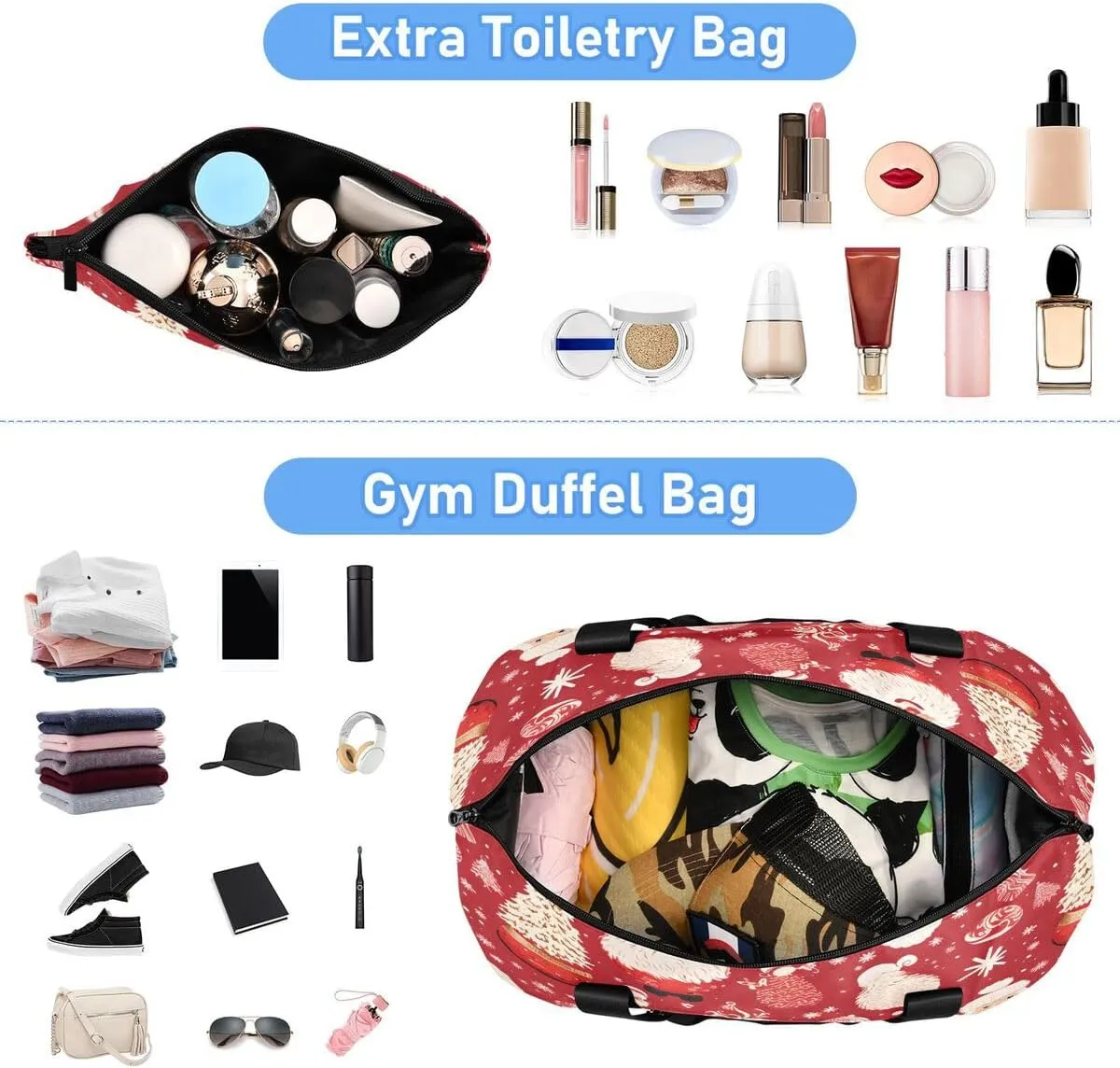 ALAZA Merry Christmas Santa Claus Ball Pine Tree Red Travel Duffel Bag with Shoe Compartment Tote Bag Weekender Overnight Bag with Wet Pocket for Travel,Gym,Yoga,Swimming
