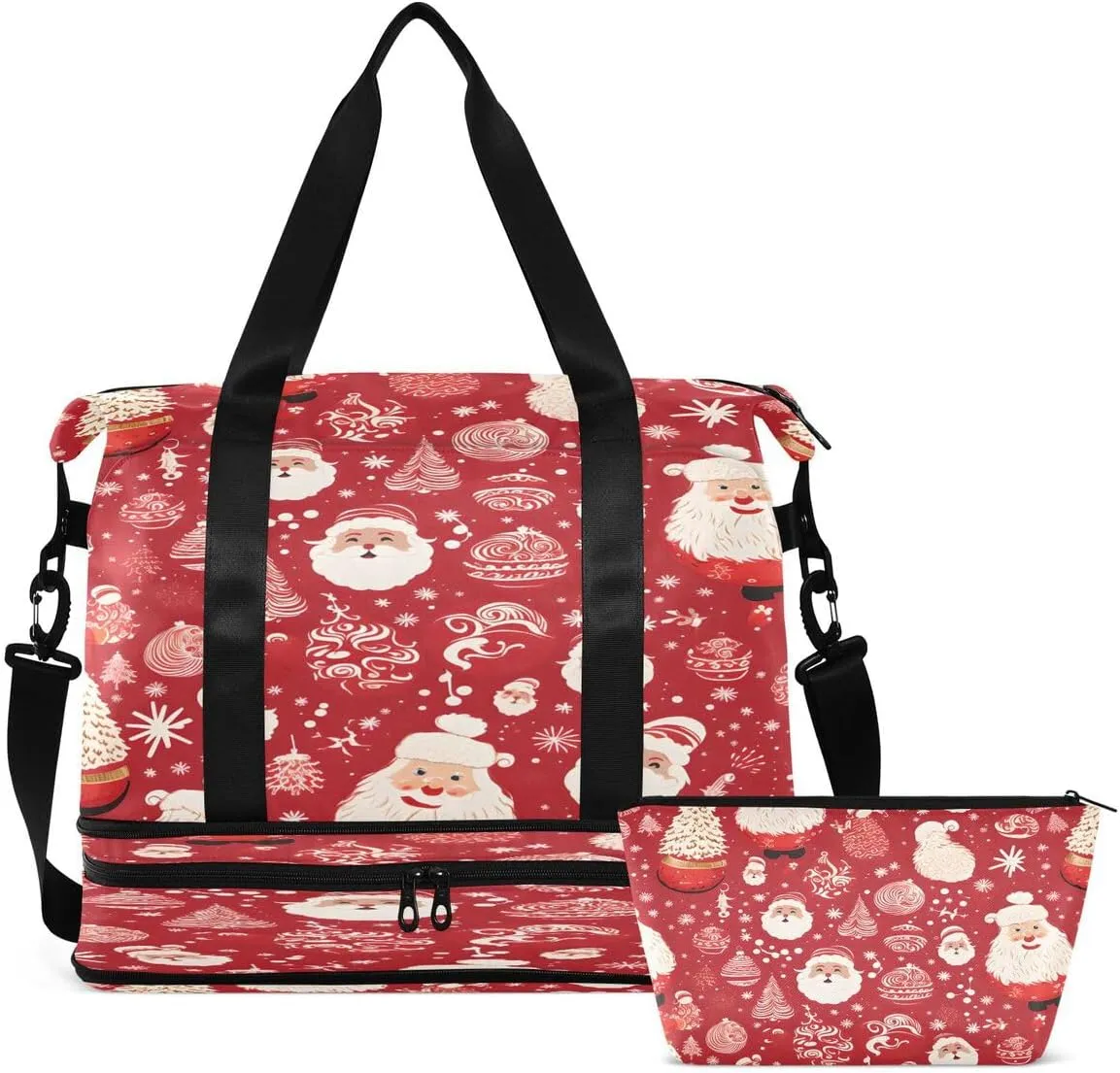 ALAZA Merry Christmas Santa Claus Ball Pine Tree Red Travel Duffel Bag with Shoe Compartment Tote Bag Weekender Overnight Bag with Wet Pocket for Travel,Gym,Yoga,Swimming