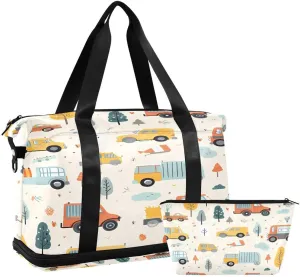 ALAZA Pine Tree Car Cartoon Travel Duffel Bag with Shoe Compartment Tote Bag Weekender Overnight Bag with Wet Pocket for Travel,Gym,Yoga,Swimming
