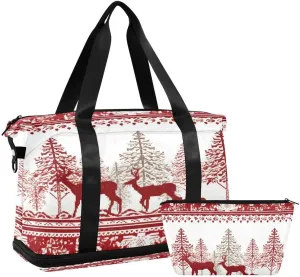 ALAZA Red Deer Pine Tree Merry Christmas Travel Duffel Bag with Shoe Compartment Tote Bag Weekender Overnight Bag with Wet Pocket for Travel,Gym,Yoga,Swimming