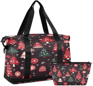 ALAZA Red Green Pine Tree Snowflake Merry Christmas Duffel Bag with Shoe Compartment Tote Bag Weekender Overnight Bag with Wet Pocket for Travel,Gym,Yoga,Swimming