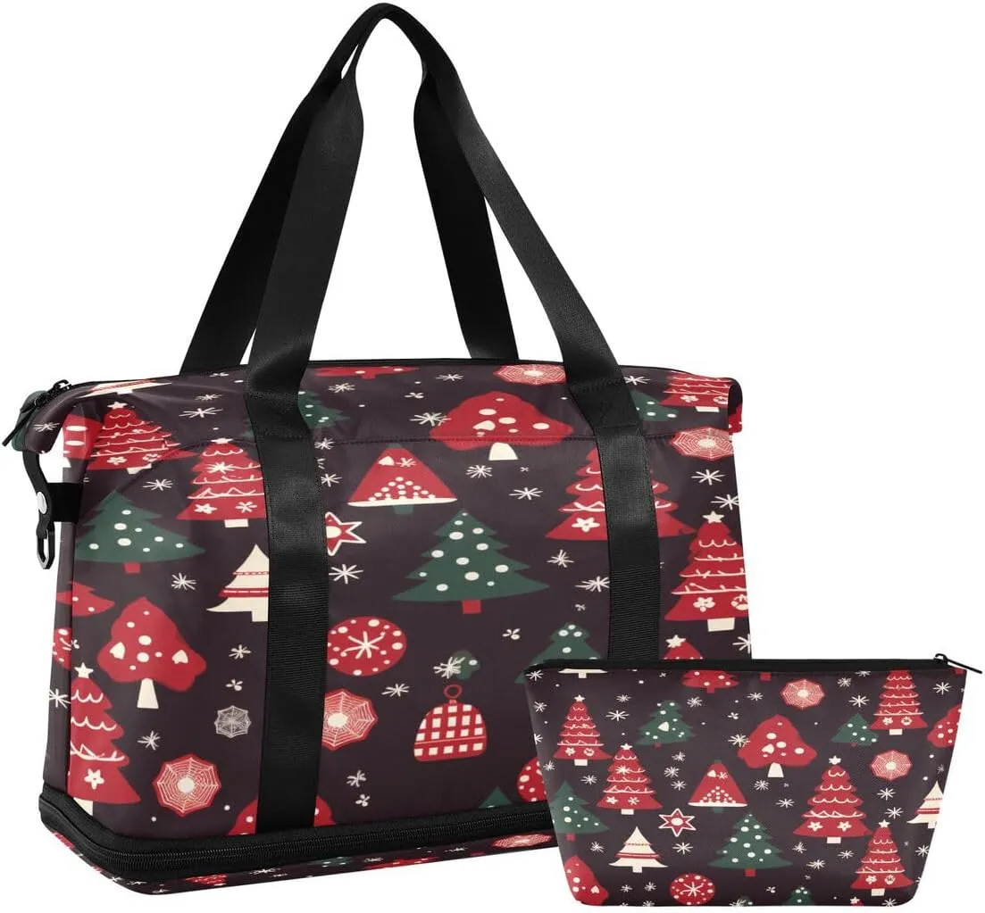 ALAZA Red Green Pine Tree Snowflake Merry Christmas Duffel Bag with Shoe Compartment Tote Bag Weekender Overnight Bag with Wet Pocket for Travel,Gym,Yoga,Swimming
