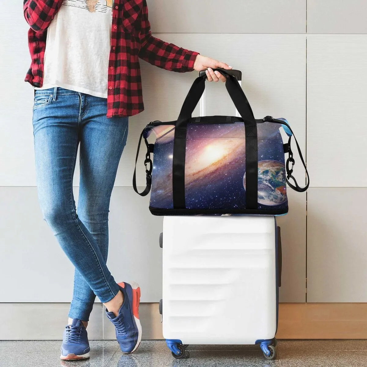 ALAZA Universe Galaxy Outer Space Travel Duffel Bag with Shoe Compartment Tote Bag Weekender Overnight Bag with Wet Pocket for Travel,Gym,Yoga,Swimming