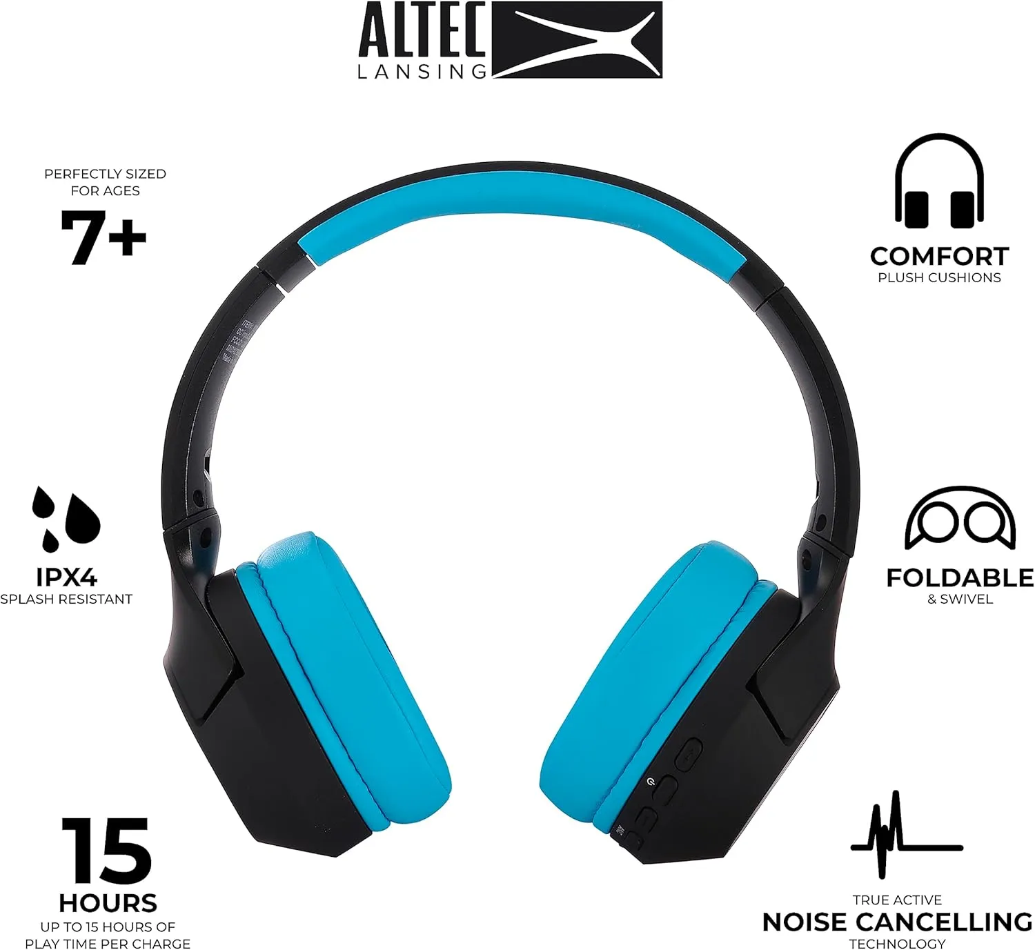 Altec Lansing Kid Safe Noise Cancelling Wireless Headphones 15H Battery, 85dB Volume Limit, Foldable Design Powerful Sound, Active Noise Cancellation Perfect for Kids Ages 7 