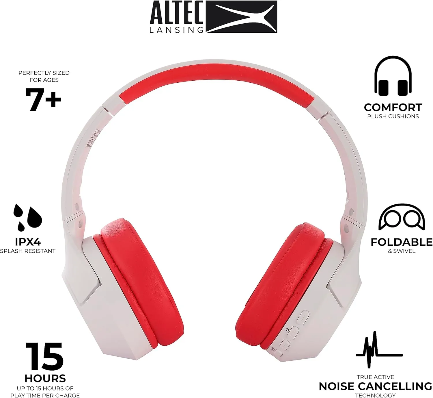 Altec Lansing Kid Safe Noise Cancelling Wireless Headphones 15H Battery, 85dB Volume Limit, Foldable Design Powerful Sound, Active Noise Cancellation Perfect for Kids Ages 7 