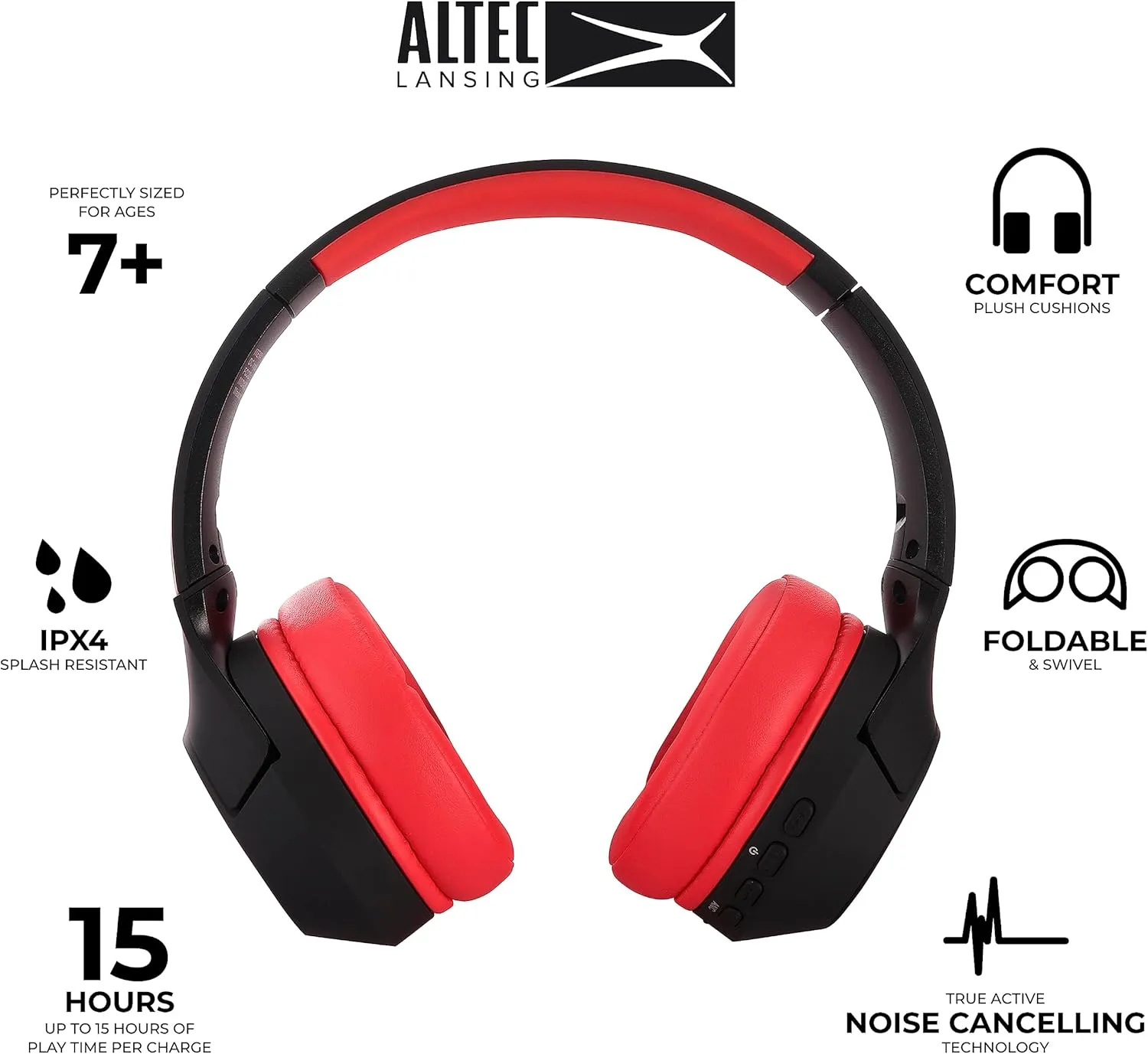 Altec Lansing Kid Safe Noise Cancelling Wireless Headphones 15H Battery, 85dB Volume Limit, Foldable Design Powerful Sound, Active Noise Cancellation Perfect for Kids Ages 7 