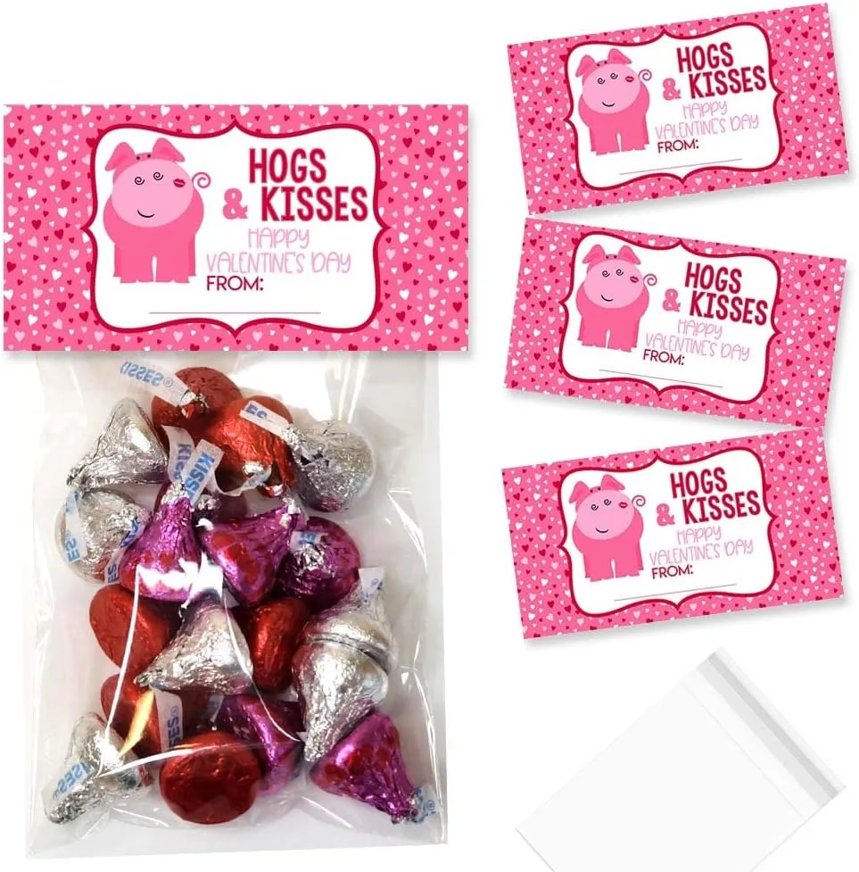 Amanda Creation Hogs & Kisses Pig Themed Happy Valentine's Day Bag Toppers for Party Favor Treat Bags, Set of 20 Bag Toppers With 20 Self-Adhesive Bags Also Included