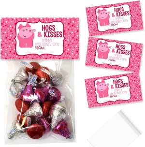 Amanda Creation Hogs & Kisses Pig Themed Happy Valentine's Day Bag Toppers for Party Favor Treat Bags, Set of 20 Bag Toppers With 20 Self-Adhesive Bags Also Included